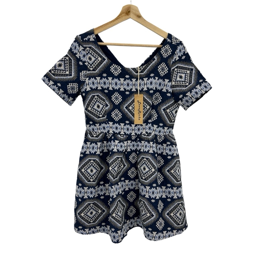 Love Riche Fit-and-Flare Blue White Geometric Abstract Print Canvas Mini Dress